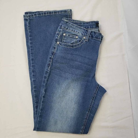 Earl Womens Boot Cut Jeans Blue Whiskered Embroidered Medium Wash Denim 10 - Picture 5 of 12